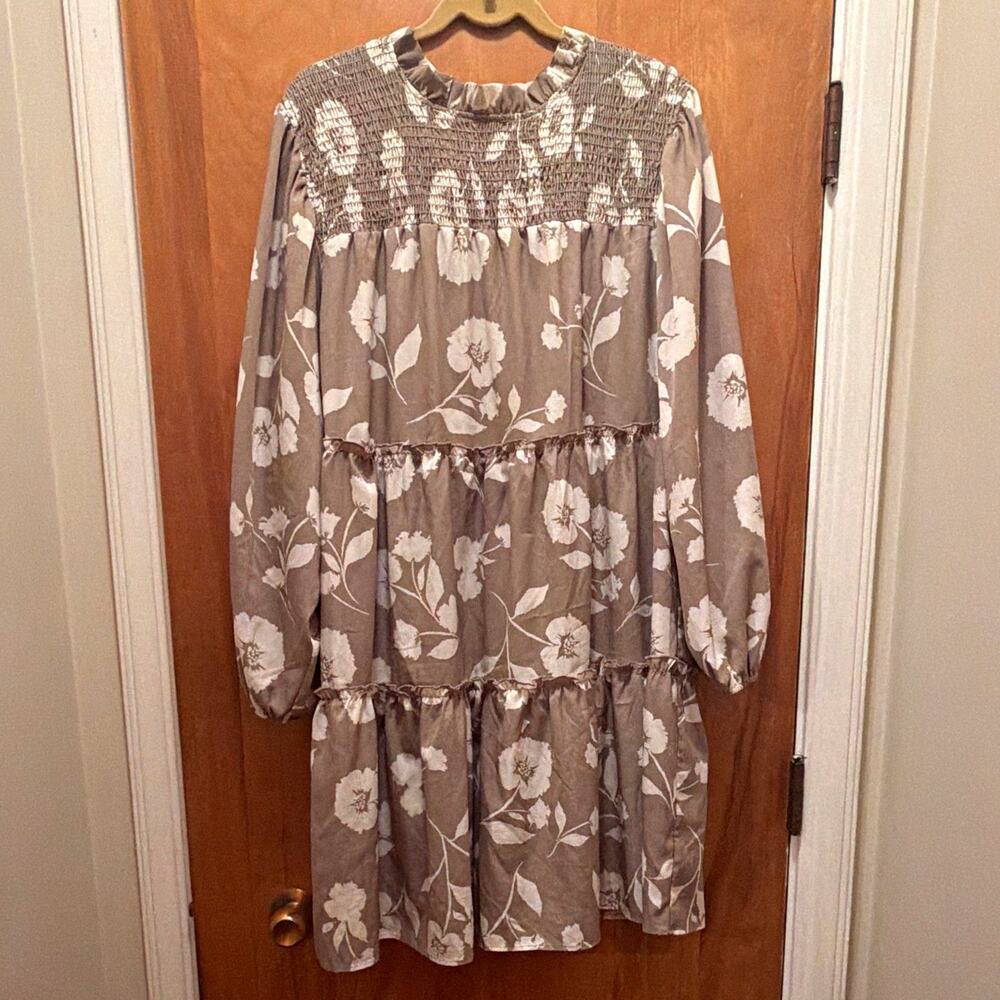 Almost Pink Boutique Smocked Tiered Poof Sleeve Dress 2XL Taupe Boho Cottagecore